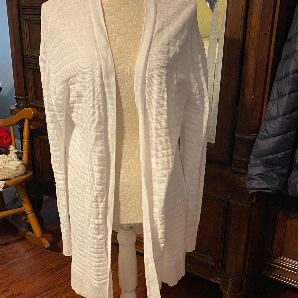Michael Kors White Textured Rib Knit Open Front Cardigan with Gold Logo, size L